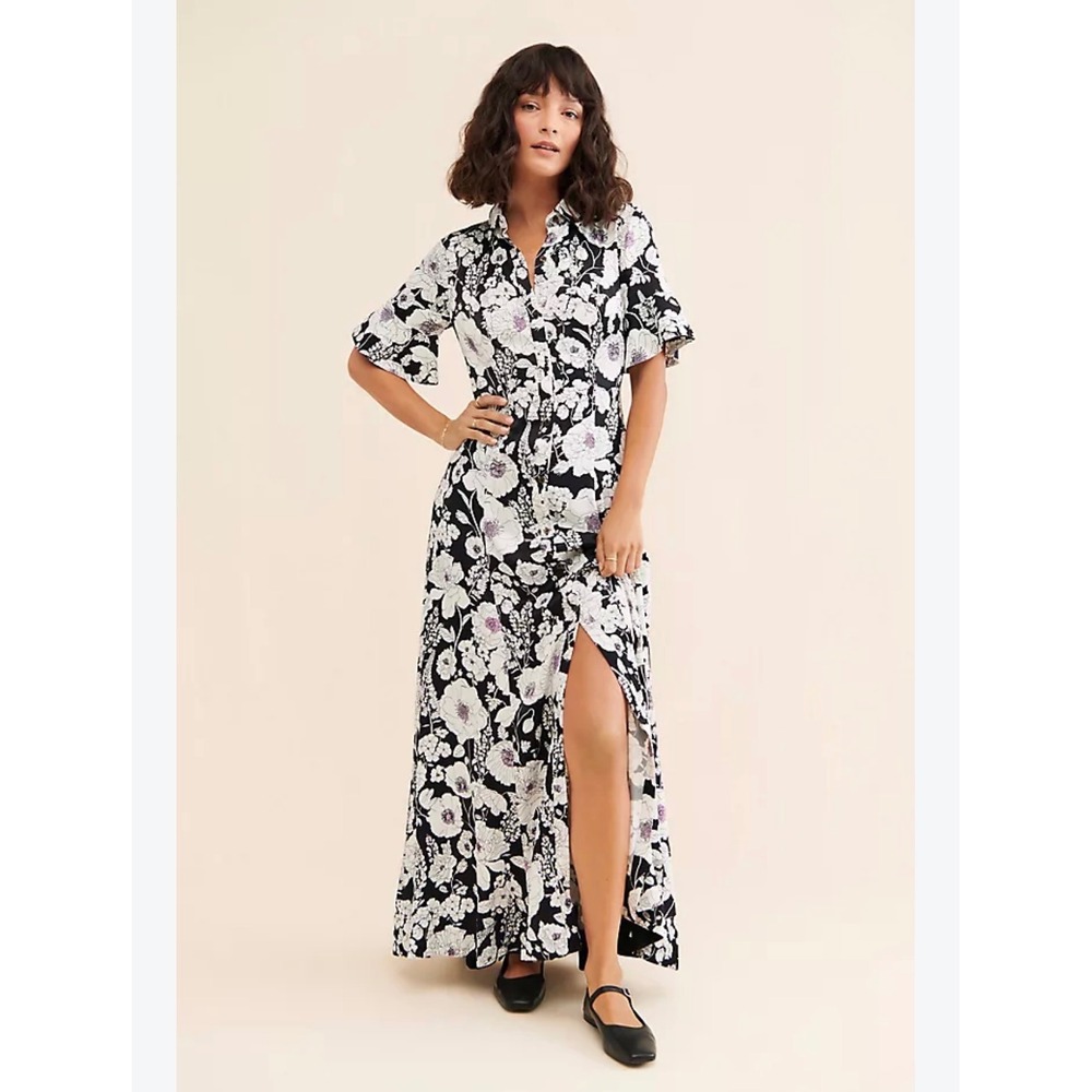 Maeve Anthropologie Floral Maxi Shirt Dress Black White Purple Short Sleeve XL
